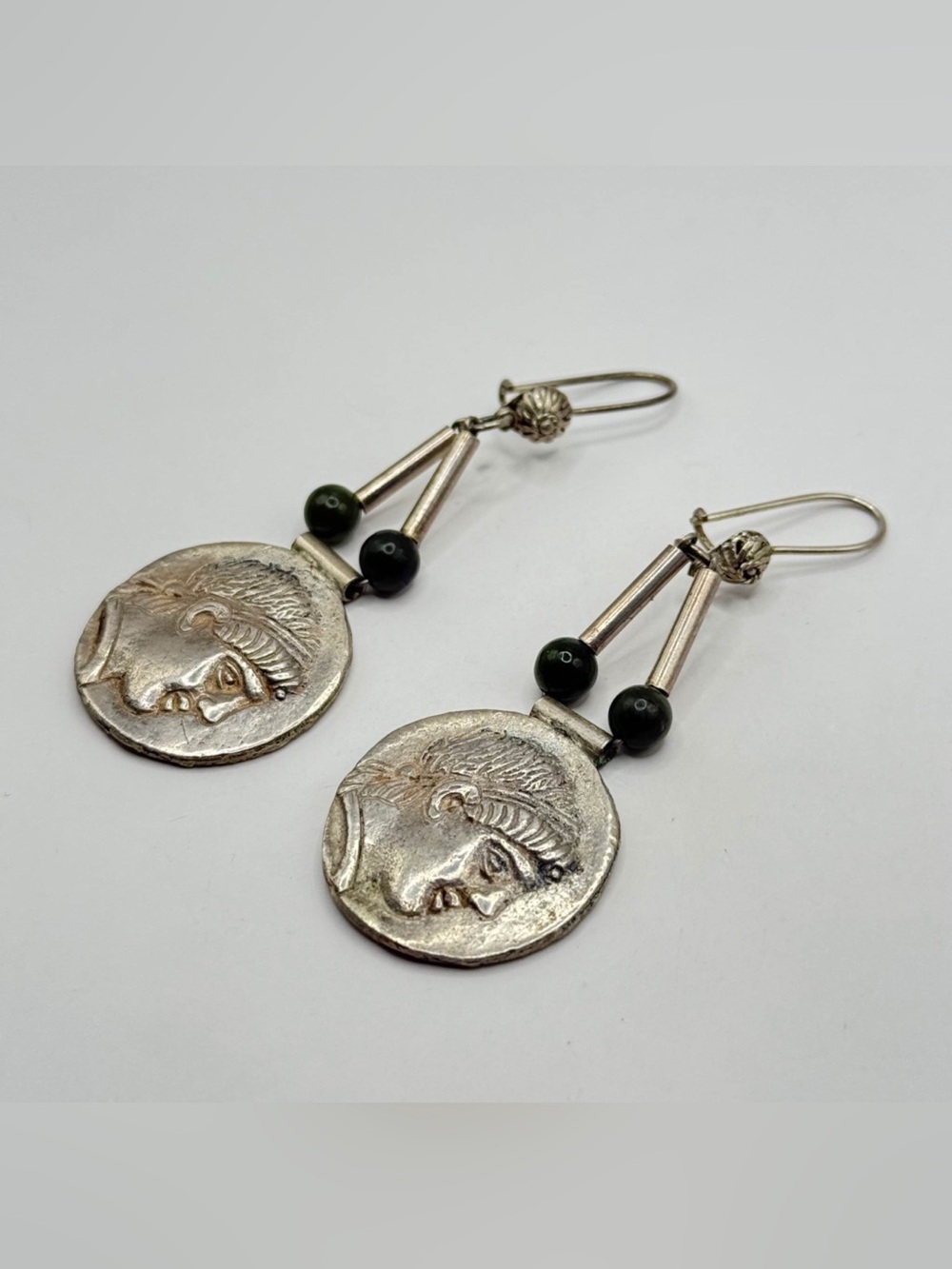 Sterling Silver Coin Drop Earrings with Black Beads Greek Athena - Picture 2 of 6
